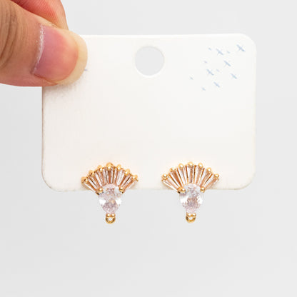 4pcs CZ Pave Gold Fan Shape Earring with Loop, Gold Plated Brass Fan Stud Earrings (#GB-3860)