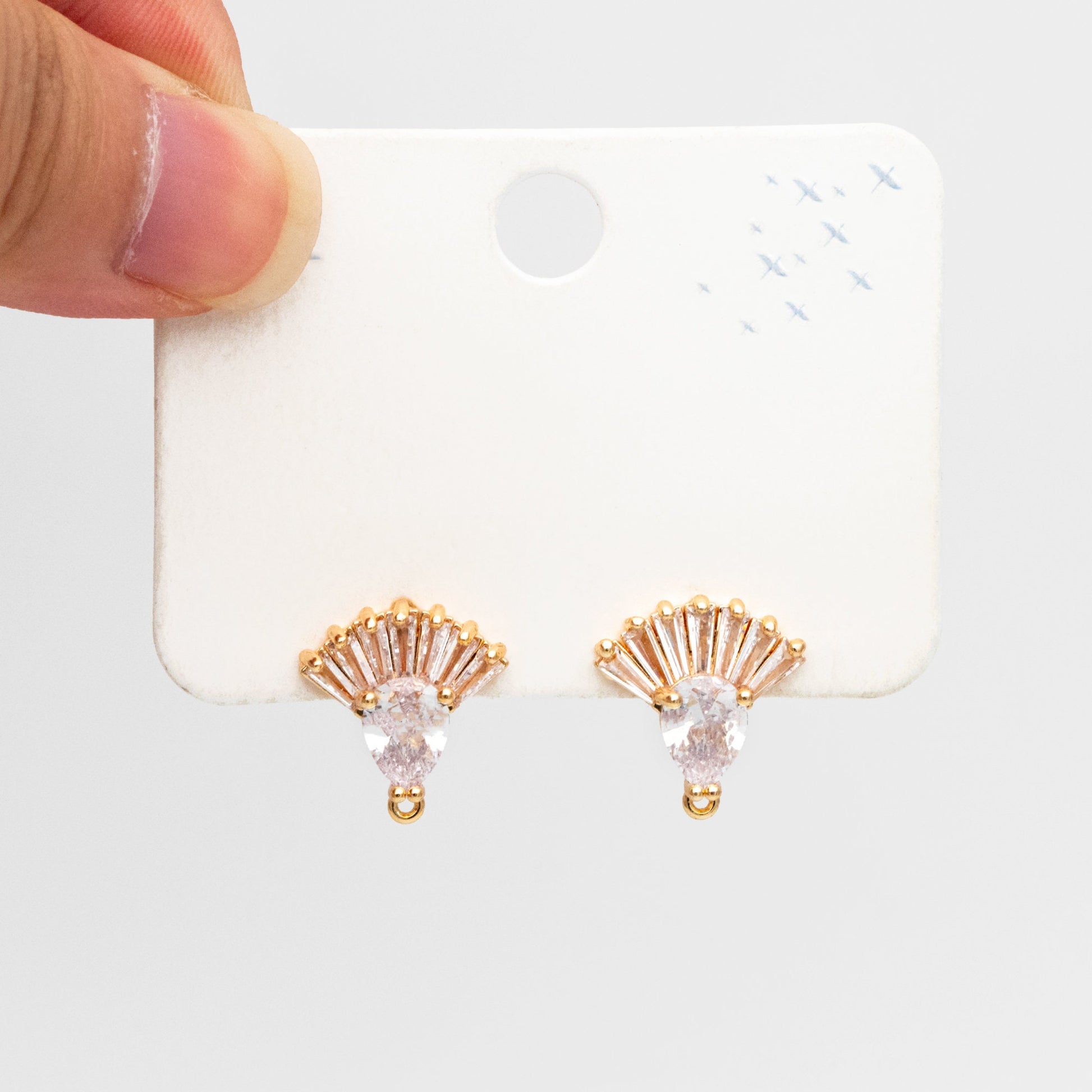 4pcs CZ Pave Gold Fan Shape Earring with Loop, Gold Plated Brass Fan Stud Earrings (#GB-3860)