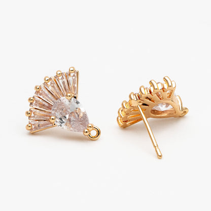 4pcs CZ Pave Gold Fan Shape Earring with Loop, Gold Plated Brass Fan Stud Earrings (#GB-3860)