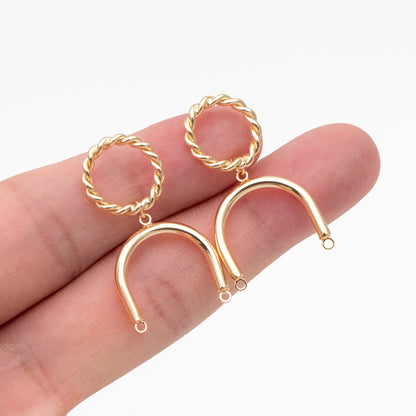 4pcs Gold Twist Hoop Stud Earrings with U-shaped Connector, Gold plated Brass Earpost Findings (GB-3864)