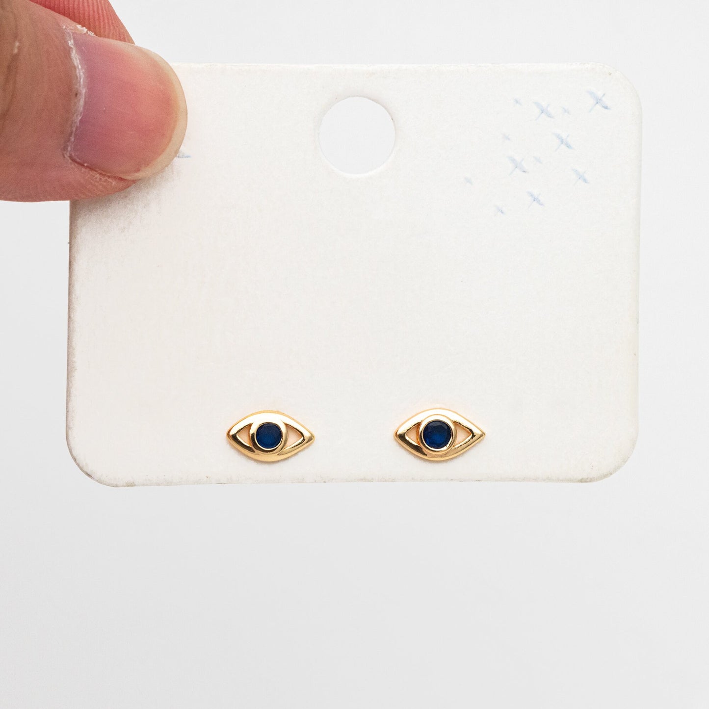 10pcs Blue CZ Pave Evil Eye Stud Earrings, Real Gold plated Brass, Cubic Zirconia Paved Eye Earrings (GB-3866)
