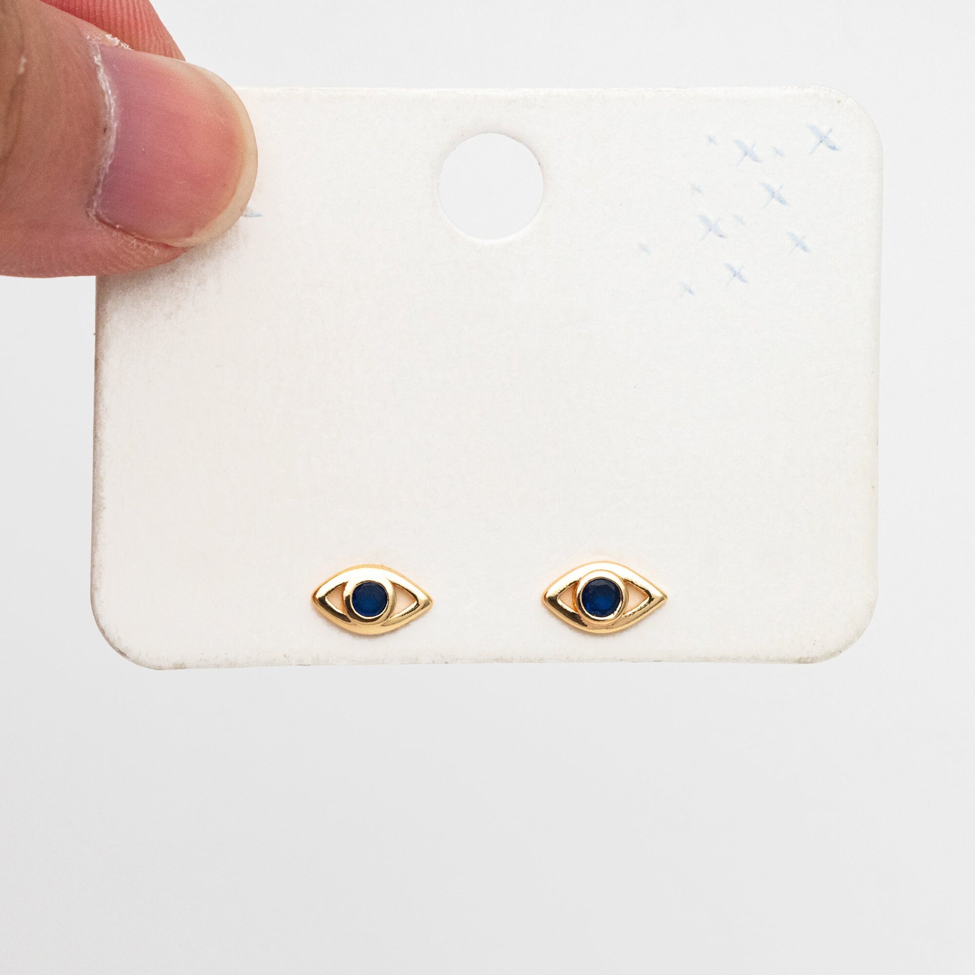 10pcs Blue CZ Pave Evil Eye Stud Earrings, Real Gold plated Brass, Cubic Zirconia Paved Eye Earrings (GB-3866)