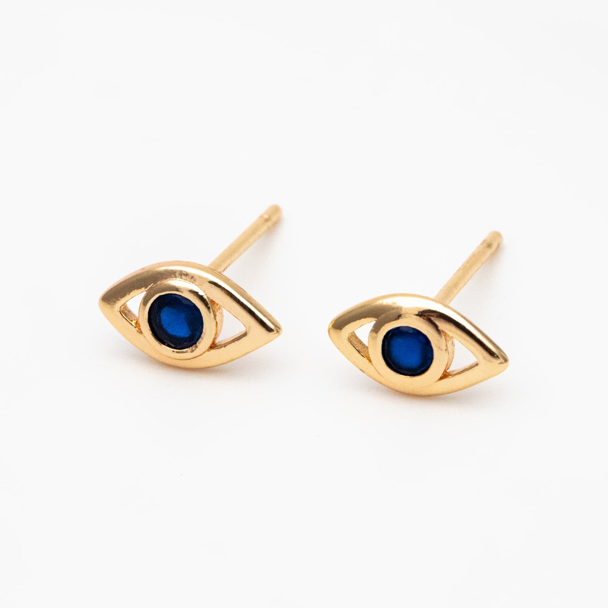 10pcs Blue CZ Pave Evil Eye Stud Earrings, Real Gold plated Brass, Cubic Zirconia Paved Eye Earrings (GB-3866)