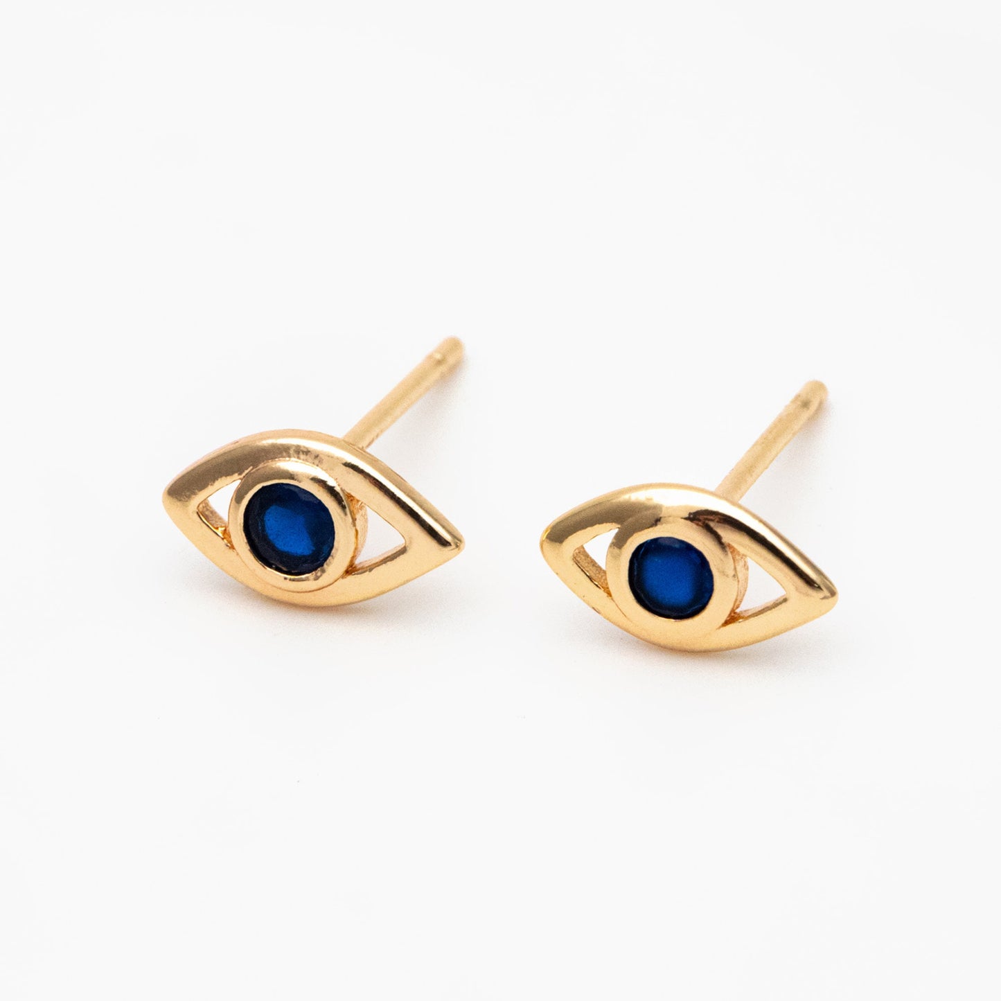 10pcs Blue CZ Pave Evil Eye Stud Earrings, Real Gold plated Brass, Cubic Zirconia Paved Eye Earrings (GB-3866)