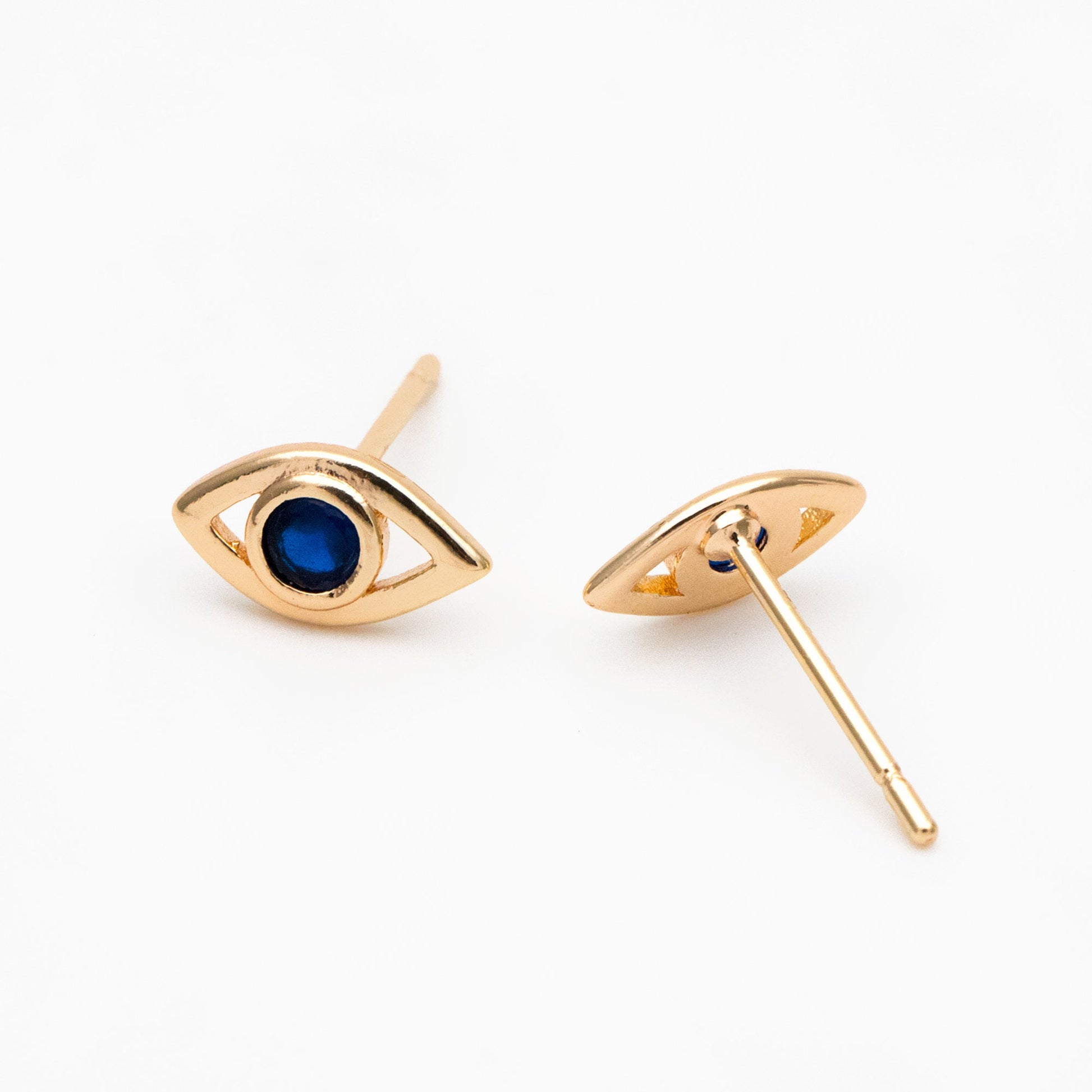10pcs Blue CZ Pave Evil Eye Stud Earrings, Real Gold plated Brass, Cubic Zirconia Paved Eye Earrings (GB-3866)