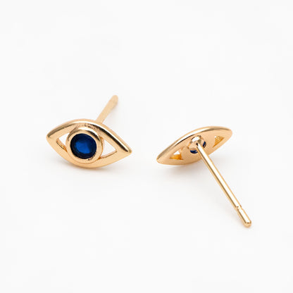 10pcs Blue CZ Pave Evil Eye Stud Earrings, Real Gold plated Brass, Cubic Zirconia Paved Eye Earrings (GB-3866)