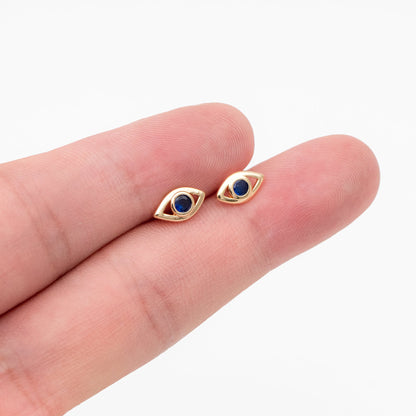 10pcs Blue CZ Pave Evil Eye Stud Earrings, Real Gold plated Brass, Cubic Zirconia Paved Eye Earrings (GB-3866)