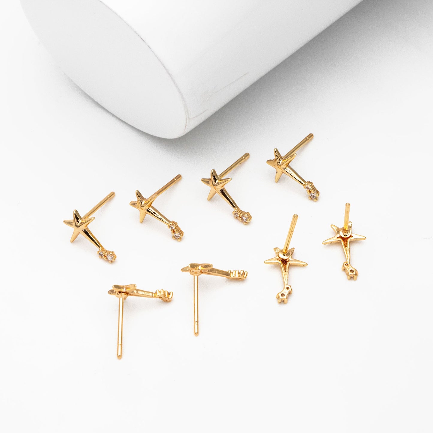 10pcs CZ Pave Star Ear Posts, Gold Plated Brass Stud Earrings, Jewelry Findings, Wholesale Supplies (GB-3041-N)