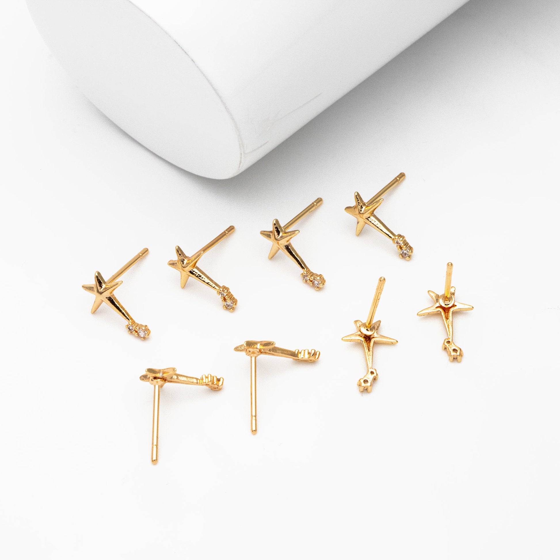 10pcs CZ Pave Star Ear Posts, Gold Plated Brass Stud Earrings, Jewelry Findings, Wholesale Supplies (GB-3041-N)