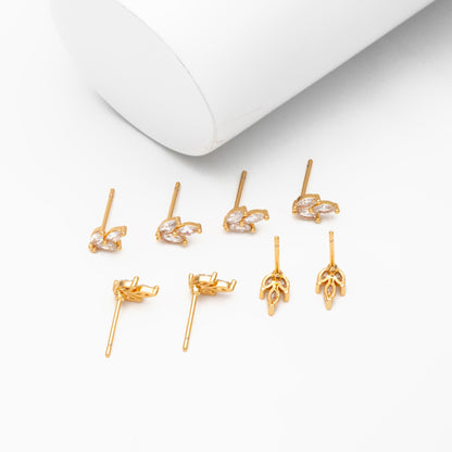10pcs CZ Pave Gold Leaf Ear Posts, Gold Plated Brass, Jewelry Supplies (GB-3871)