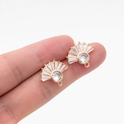 4pcs CZ Pave Gold Fan Shape Earring with Loop, Gold Plated Brass Fan Stud Earrings (#GB-1205-C)
