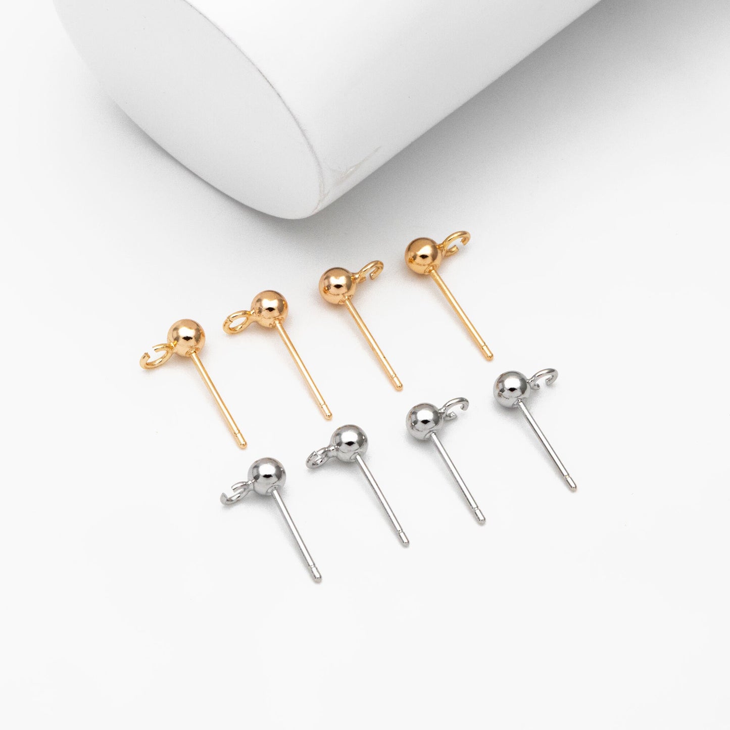 20pcs Gold/ Rhodium plated Brass Stud Earring, Ball Ear Posts with Open Ring/ Loop, 4mm Ball Size (GB-1501)