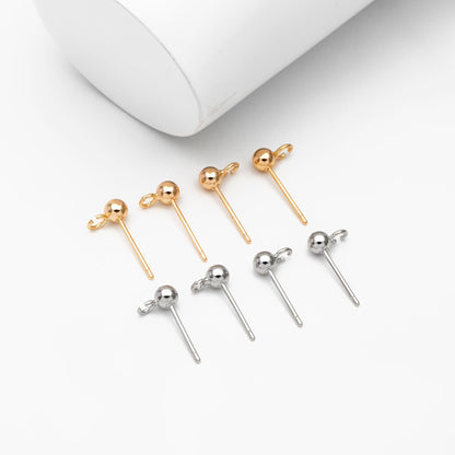 20pcs Gold/ Rhodium plated Brass Stud Earring, Ball Ear Posts with Open Ring/ Loop, 4mm Ball Size (GB-1501)