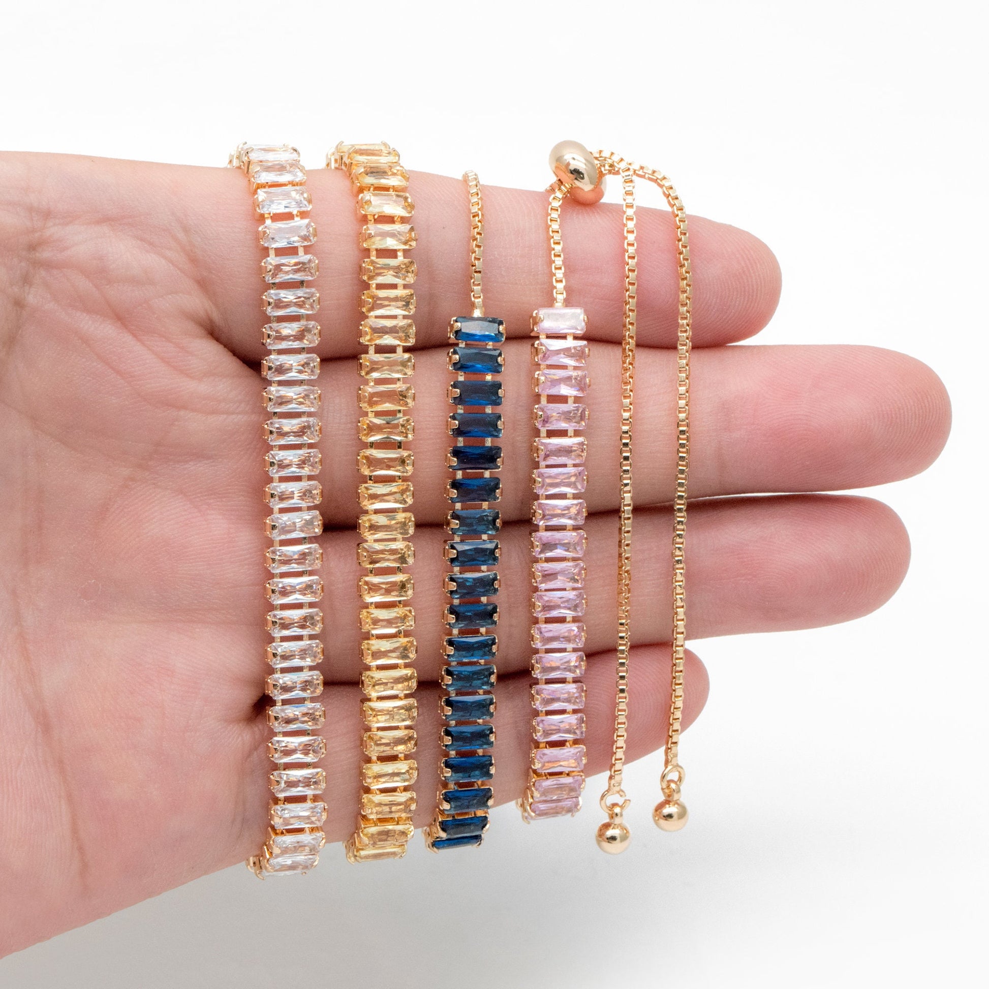 Sparkly Rhinestone Bracelet, Crystal Glass Tennis Bracelets with Box Chain, Gold/ Rhodium plated Adjustable Bracelet (GB-3878)