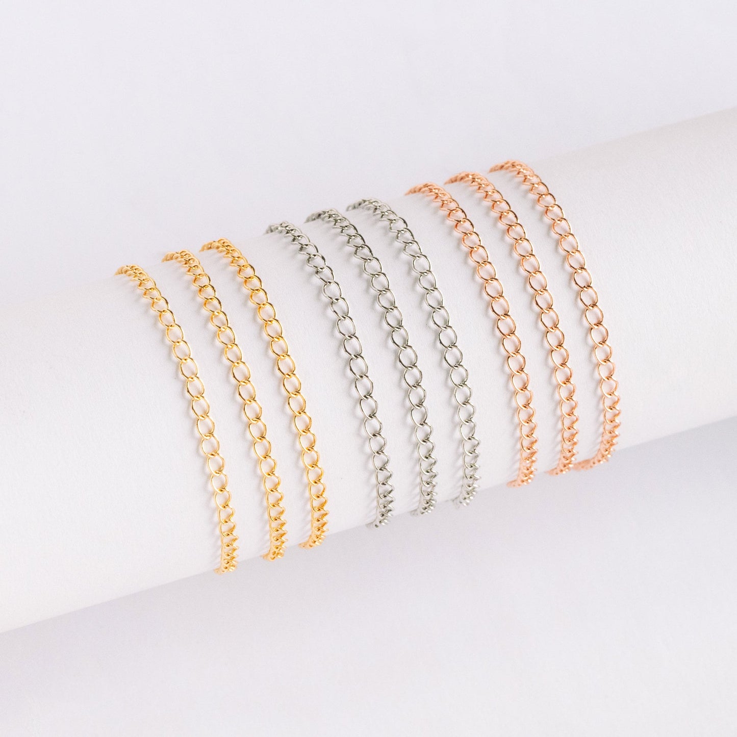 Gold/ Silver/ Rose Gold Curb Chain 3mm, Real Gold/ Rhodium Plated Brass "Extender" Chain, Color Not Easily Tarnish (LK-175)/ 1 meter