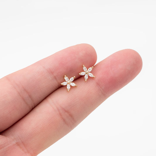 10pcs CZ Pave Flower Ear Posts: 18K Gold Plated Brass Stud Earrings 7mm (GB-3872)