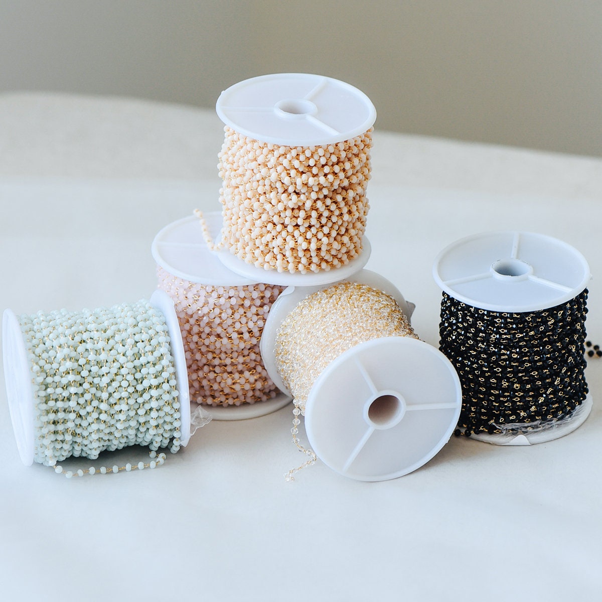 Gold Crystal Beaded Chain 3mm Thin, Gold plated Brass Chain with Glass Rondelle Beads, Color Not Easily Tarnish (#LK-180)/ 1 Meter=3.3 ft