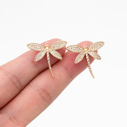 4pcs CZ Pave Dragonfly Charm 21x25mm, 18K Gold Plated Brass, Cute Dragonfly Pendants (GB-3196-B)