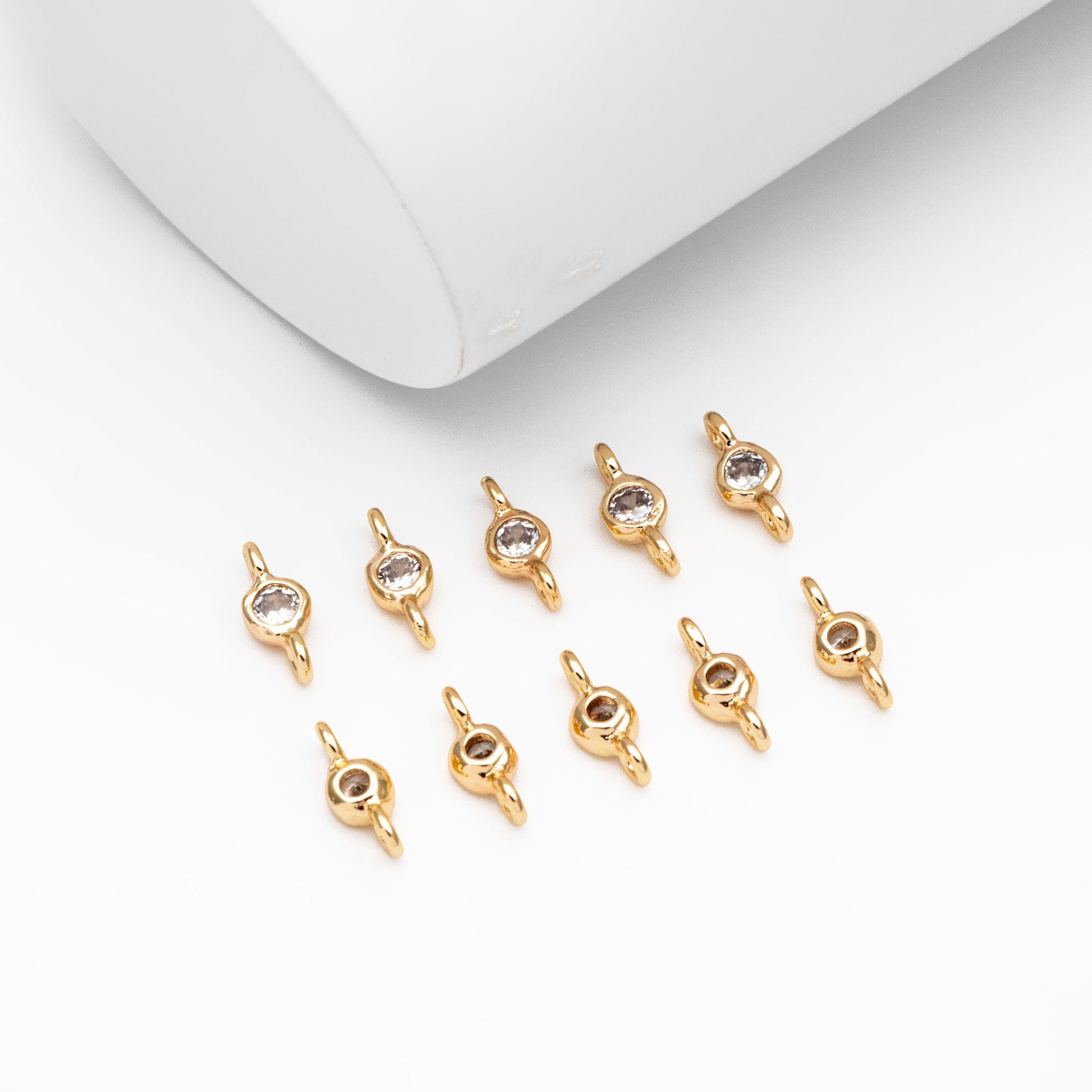 10pcs Round Clear Zircon Charm Connectors 8x3mm, Real Gold plated Brass, Mini Geometric Pendants (GB-3897-B)
