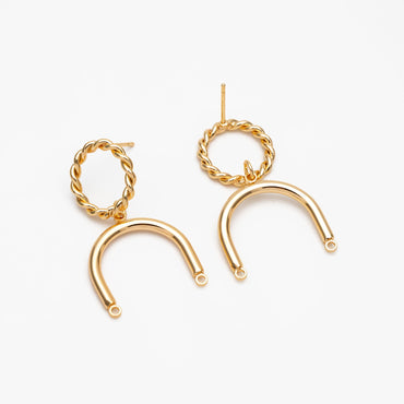 4pcs Gold Twist Hoop Stud Earrings with U-shaped Connector, Gold plated Brass Earpost Findings (GB-3864)