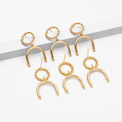 4pcs Gold Twist Hoop Stud Earrings with U-shaped Connector, Gold plated Brass Earpost Findings (GB-3864)