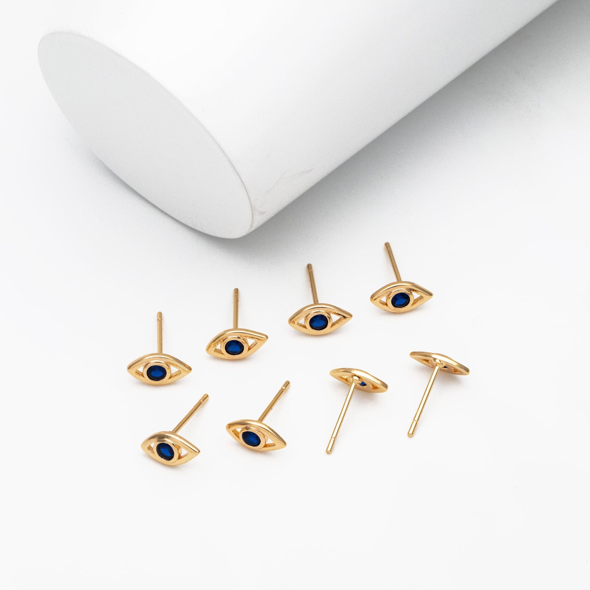 10pcs Blue CZ Pave Evil Eye Stud Earrings, Real Gold plated Brass, Cubic Zirconia Paved Eye Earrings (GB-3866)
