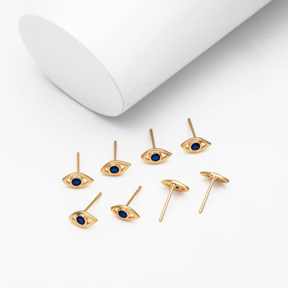 10pcs Blue CZ Pave Evil Eye Stud Earrings, Real Gold plated Brass, Cubic Zirconia Paved Eye Earrings (GB-3866)