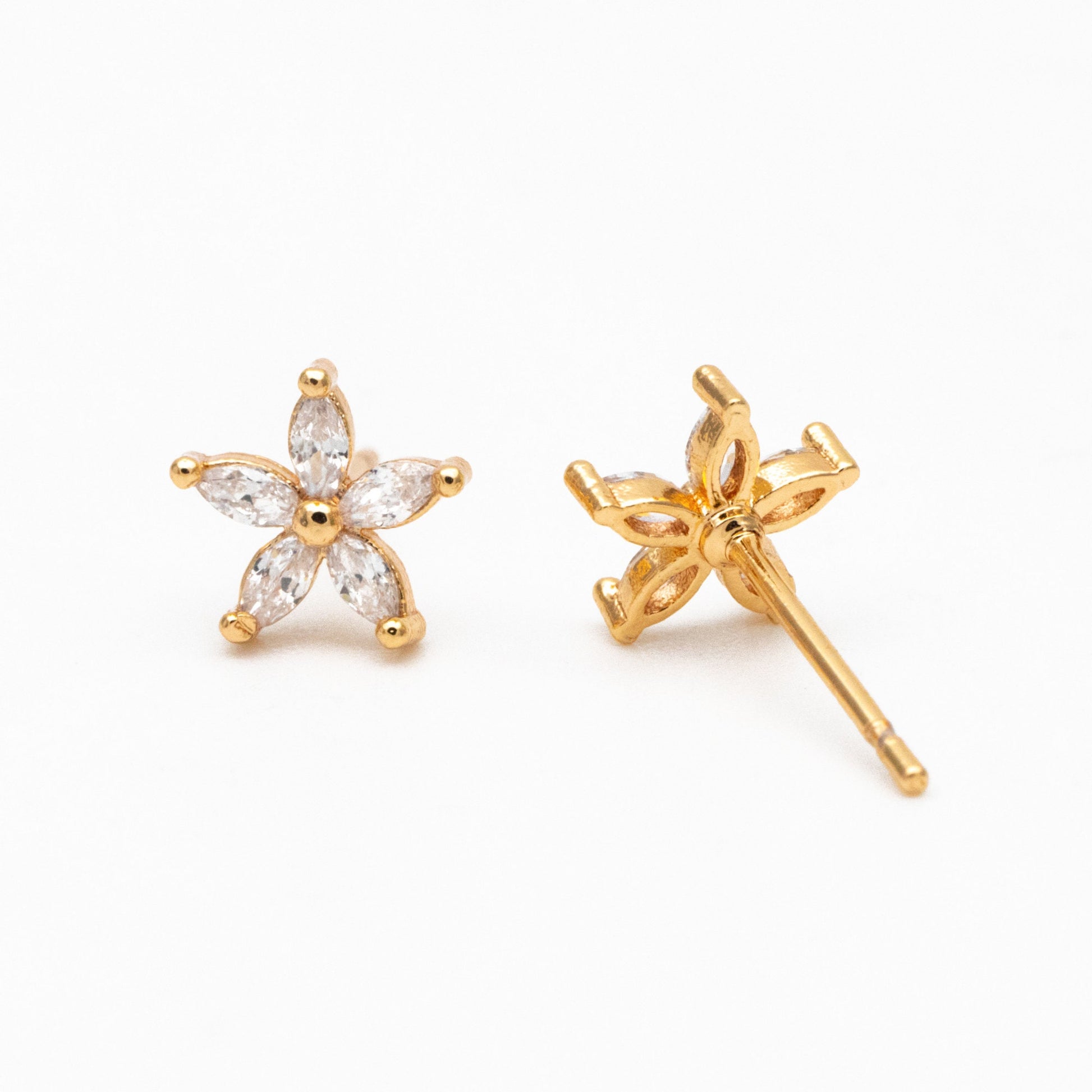10pcs CZ Pave Flower Ear Posts: 18K Gold Plated Brass Stud Earrings 7mm (GB-3872)