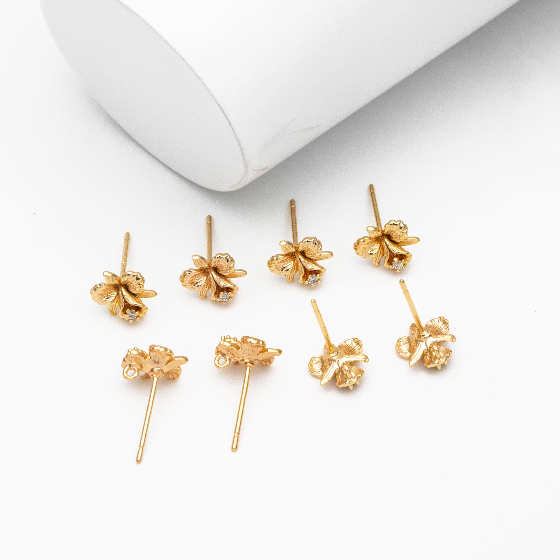 10pcs CZ Pave Gold Flower Earring with Loop, Gold Plated Brass, Jewelry Making, Diy Material, Jewelry Supplies (GB-3873)