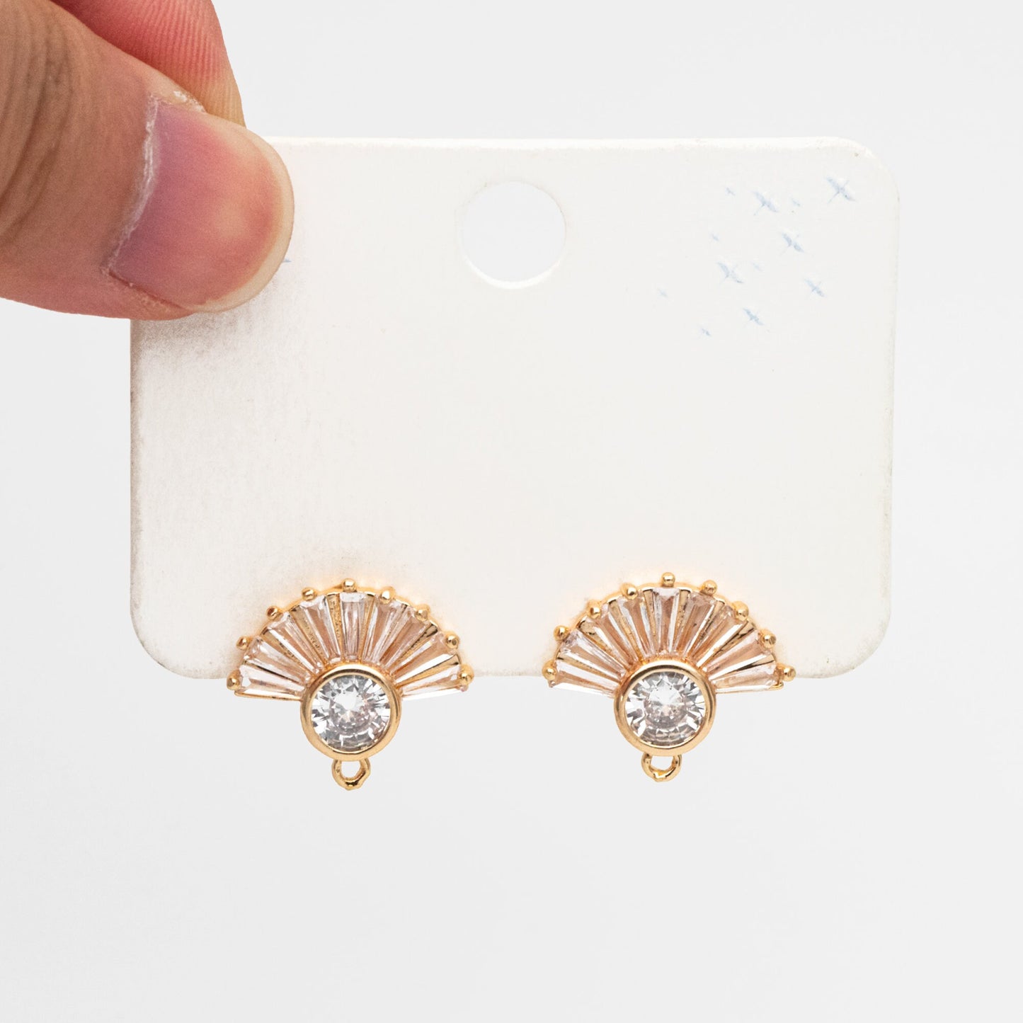 4pcs CZ Pave Gold Fan Shape Earring with Loop, Gold Plated Brass Fan Stud Earrings (#GB-3874)