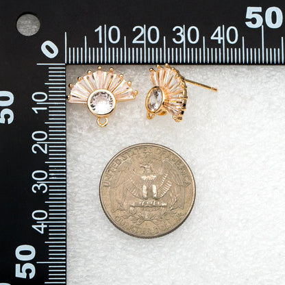 4pcs CZ Pave Gold Fan Shape Earring with Loop, Gold Plated Brass Fan Stud Earrings (#GB-1205-C)