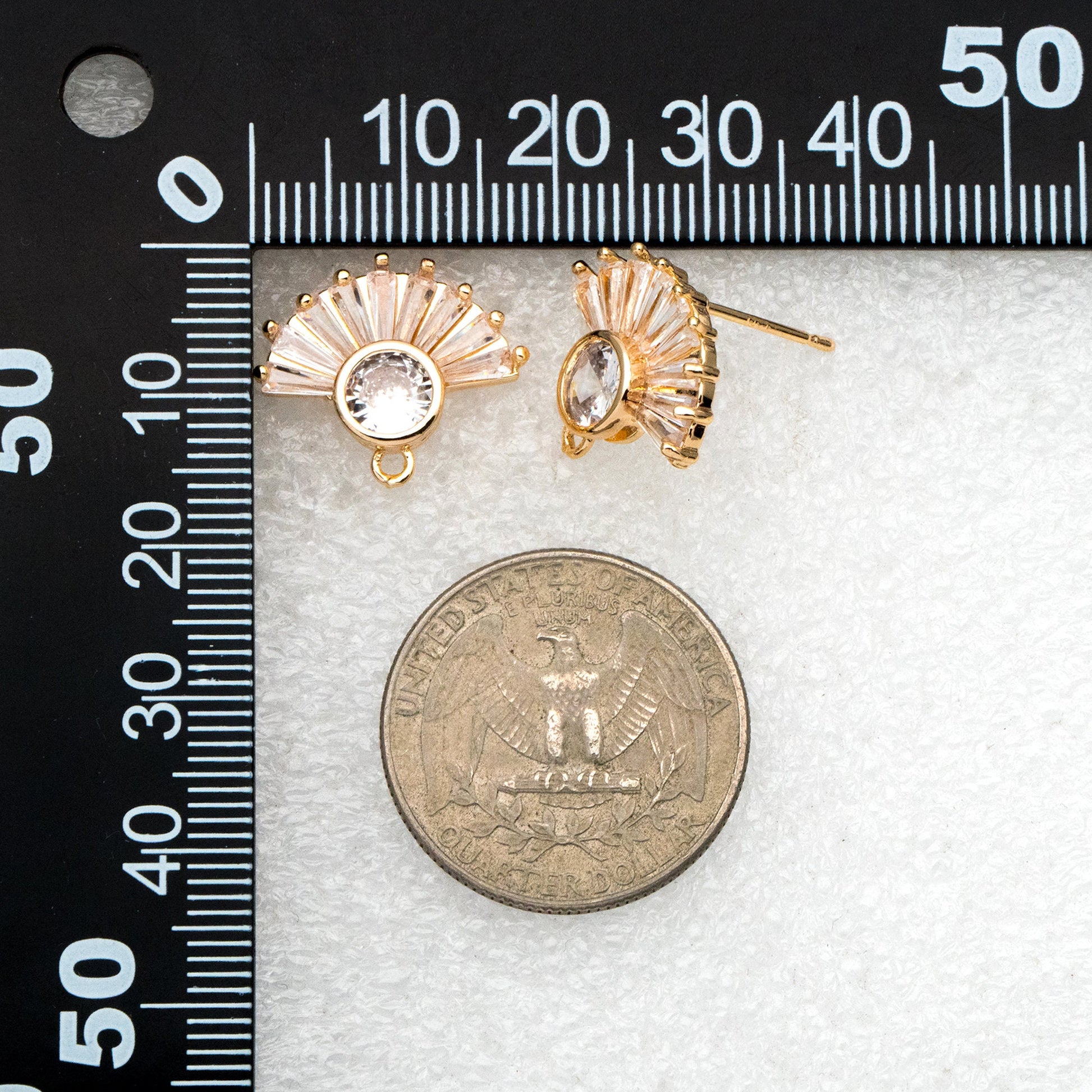 4pcs CZ Pave Gold Fan Shape Earring with Loop, Gold Plated Brass Fan Stud Earrings (#GB-3874)