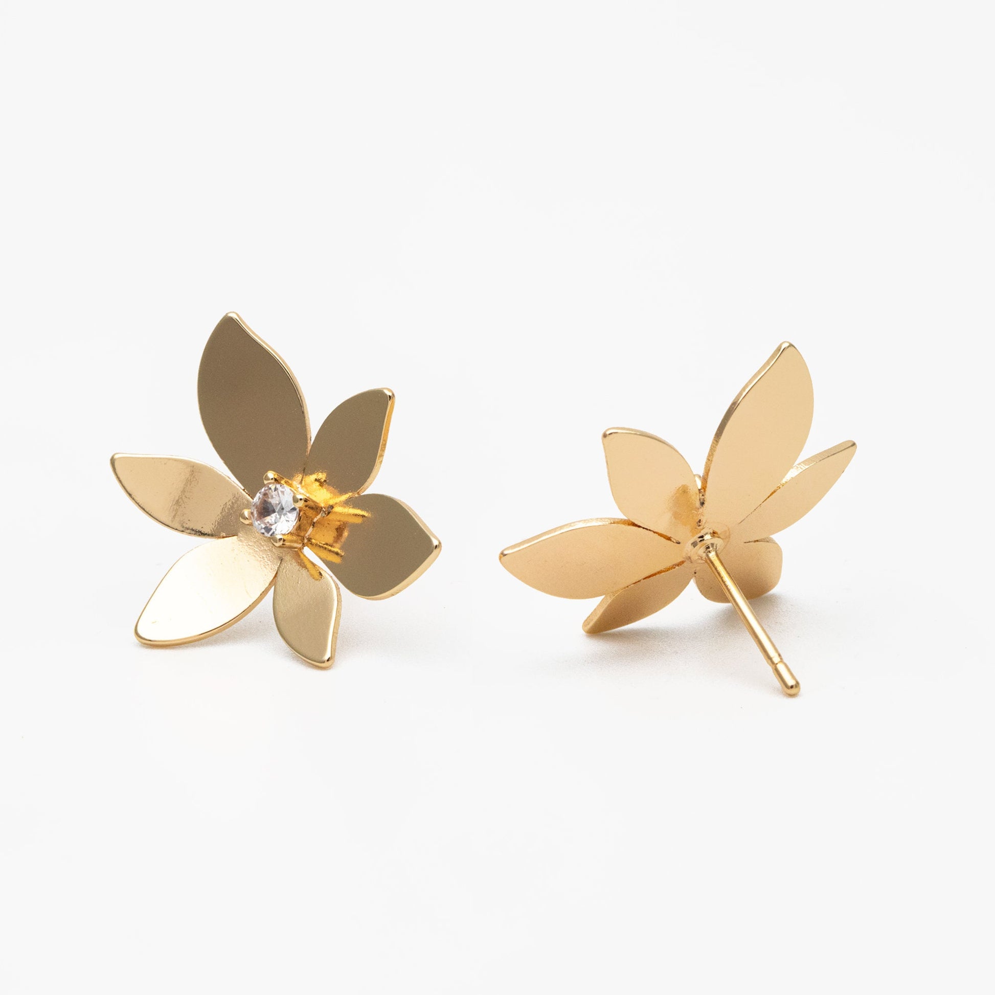4pcs CZ Pave Gold Flower Ear Posts, Gold Plated Brass Stud Earrings, Dainty Flower Earrings (GB-3875)