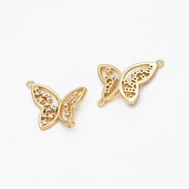 4pcs CZ Pave Gold Butterfly Connector 21x16mm, 18K Gold plated Brass, Butterfly Charms Pendants (GB-3879)