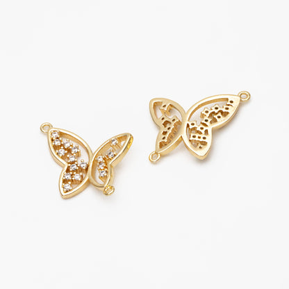 4pcs CZ Pave Gold Butterfly Connector 21x16mm, 18K Gold plated Brass, Butterfly Charms Pendants (GB-3879)