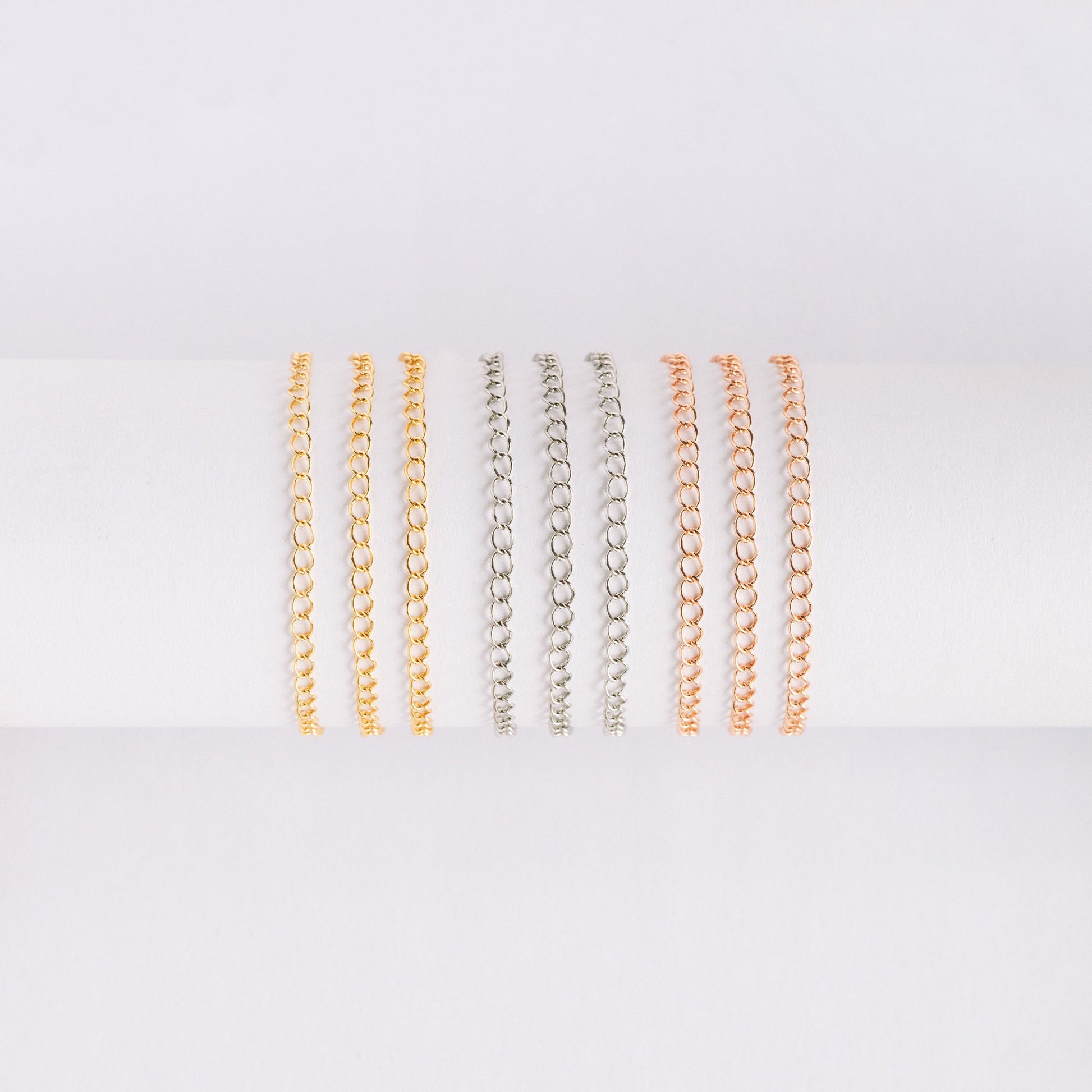 Gold/ Silver/ Rose Gold Curb Chain 3mm, Real Gold/ Rhodium Plated Brass "Extender" Chain, Color Not Easily Tarnish (LK-175)/ 1 meter