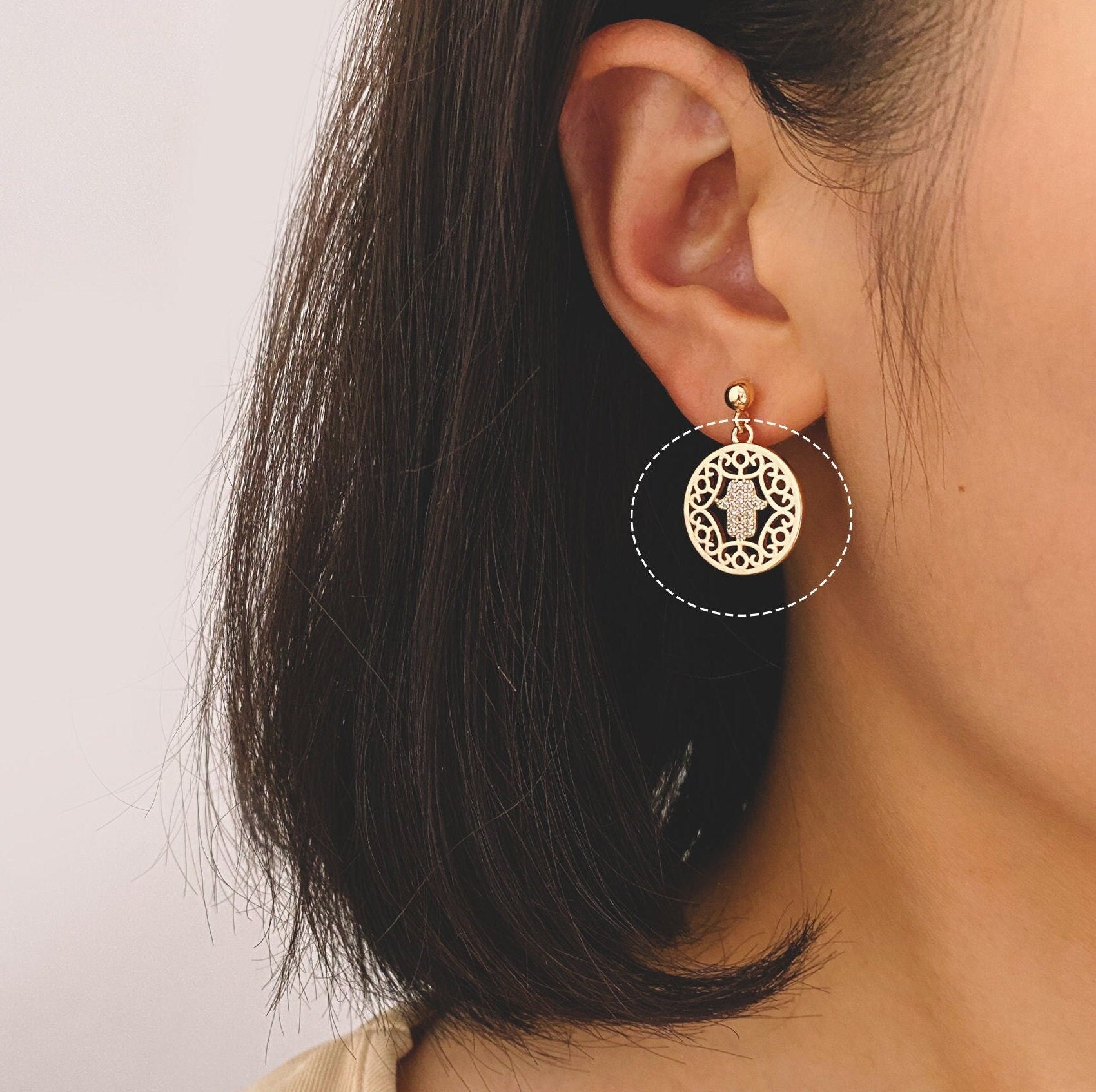 4pcs CZ Pave Gold Hand Round hollow Charms, 18K Gold plated Brass Pendants (GB-3923-I)