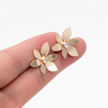 4pcs CZ Pave Gold Flower Ear Posts, Gold Plated Brass Stud Earrings, Dainty Flower Earrings (GB-3875)