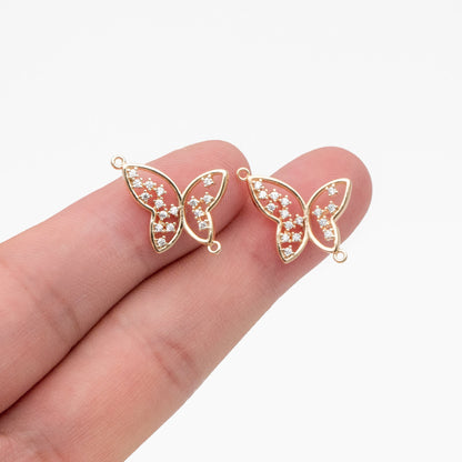 4pcs CZ Pave Gold Butterfly Connector 21x16mm, 18K Gold plated Brass, Butterfly Charms Pendants (GB-3879)