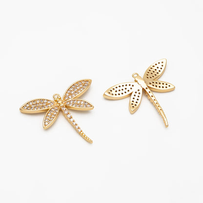 4pcs CZ Pave Dragonfly Charm 21x25mm, 18K Gold Plated Brass, Cute Dragonfly Pendants (GB-3196-B)