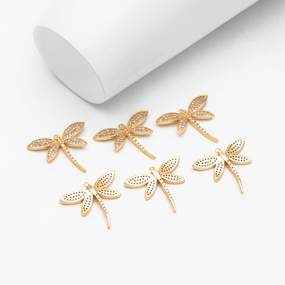 4pcs CZ Pave Dragonfly Charm 21x25mm, 18K Gold Plated Brass, Cute Dragonfly Pendants (GB-3196-B)