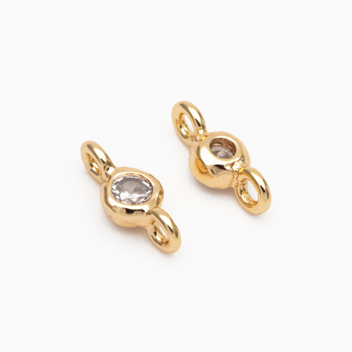 10pcs Round Clear Zircon Charm Connectors 8x3mm, Real Gold plated Brass, Mini Geometric Pendants (GB-3897-B)