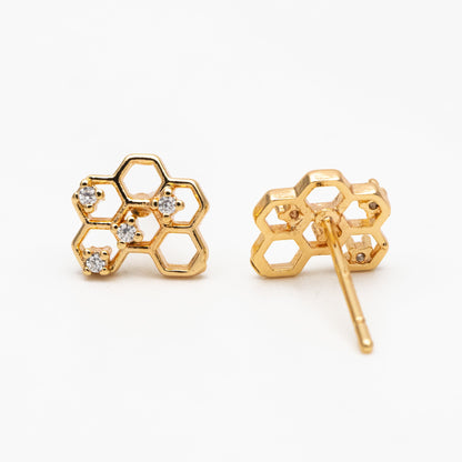 10pcs CZ Pave Gold Honeycomb Earring,Honey Comb Minimalist Earrings. Dainty Geometric earrings (GB-3896)