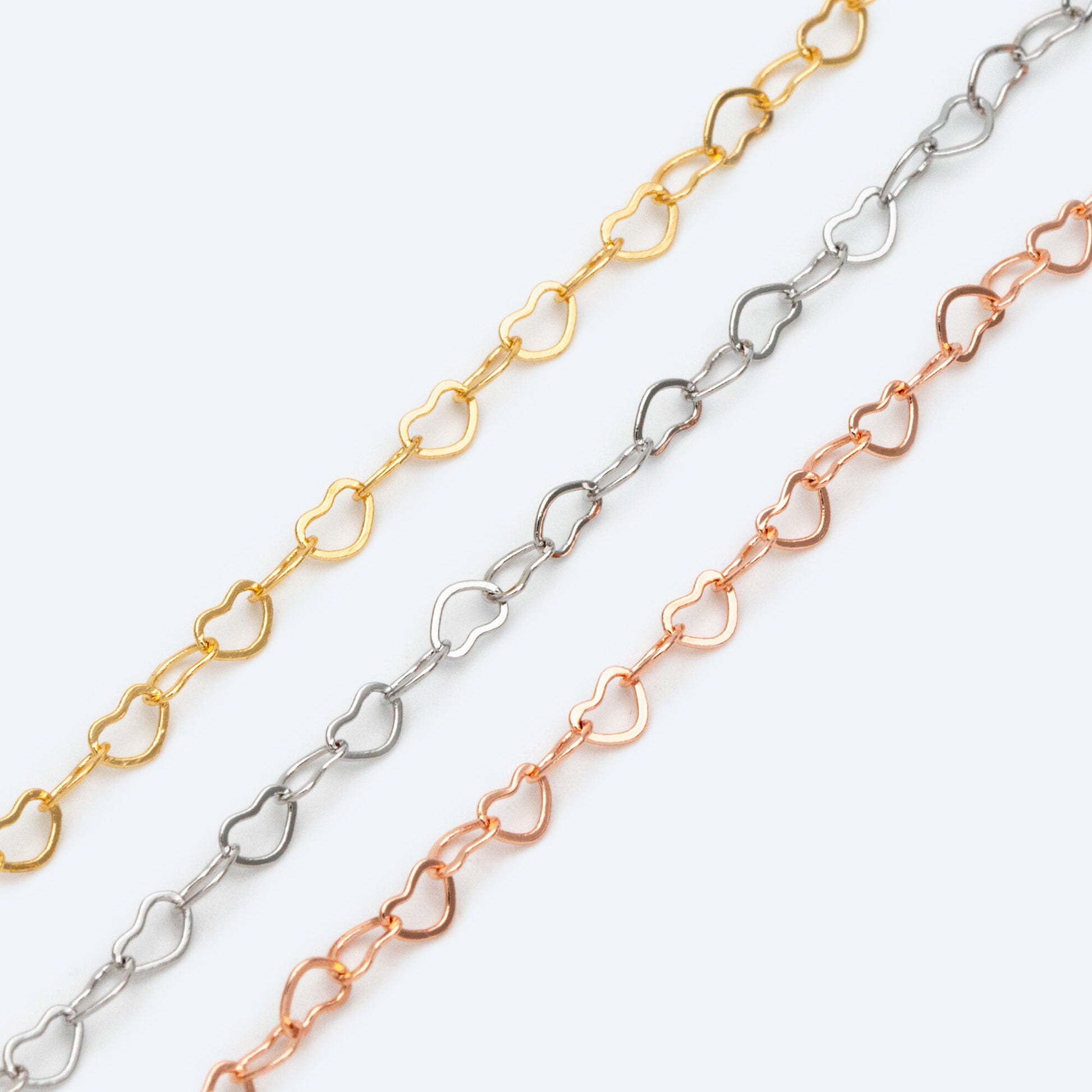 Gold/ Silver tone Heart Chains, Gold/ Rhodium/ Rose Gold plated Brass Designer Chain, 3.5mm Thin Decorative Chains (#LK-105)/ 1 Meter=3.3 ft
