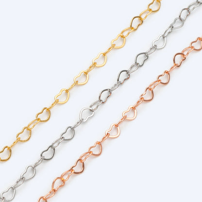 Gold/ Silver tone Heart Chains, Gold/ Rhodium/ Rose Gold plated Brass Designer Chain, 3.5mm Thin Decorative Chains (#LK-105)/ 1 Meter=3.3 ft