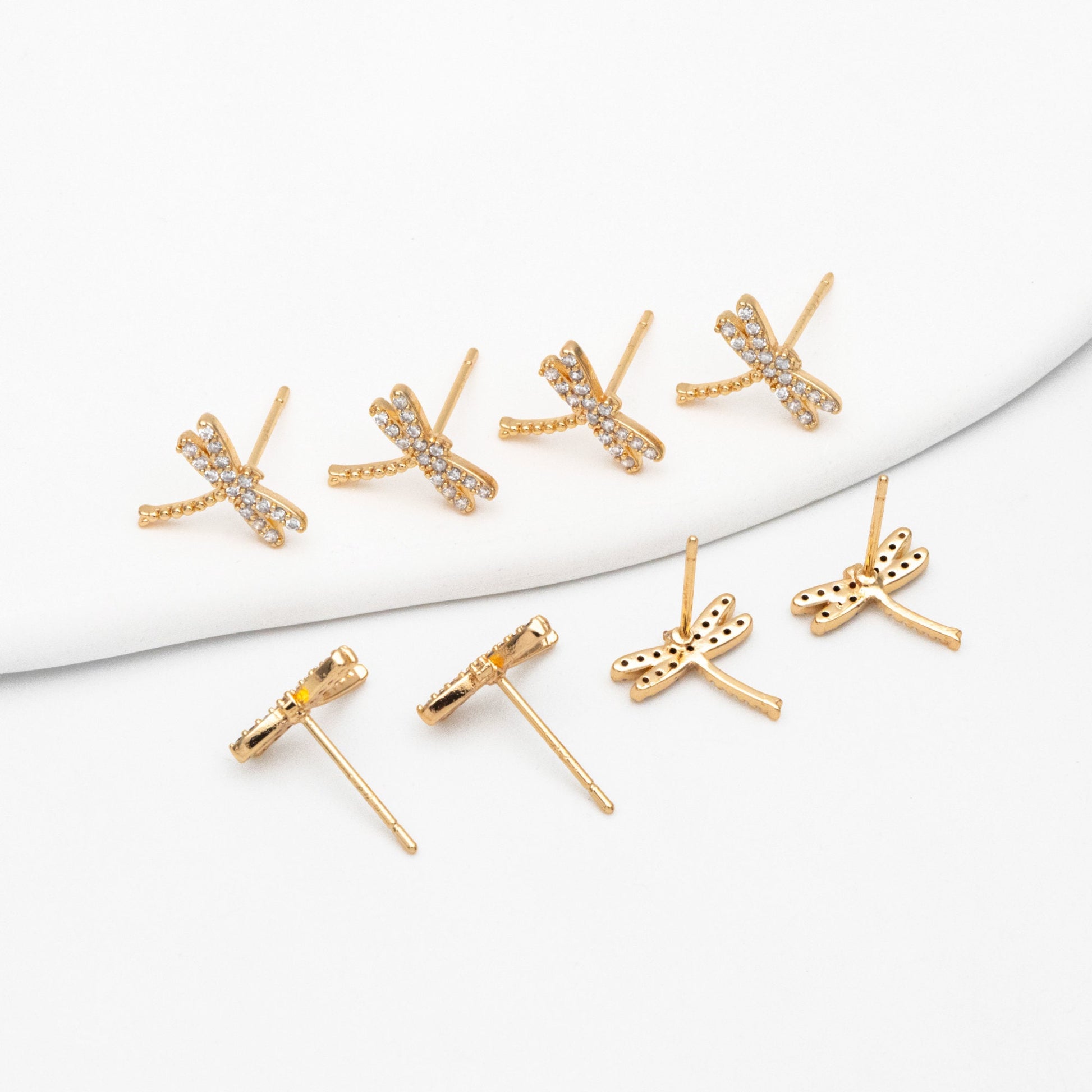 4pcs CZ Pave Gold/ Silver Dragonfly Earring, Dianty Dragonfly Ear Studs, Jewelry Supplies (GB-3892-B)