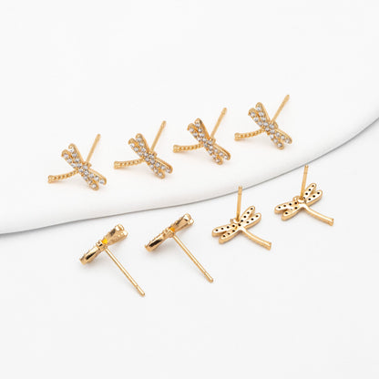 4pcs CZ Pave Gold/ Silver Dragonfly Earring, Dianty Dragonfly Ear Studs, Jewelry Supplies (GB-3892-B)