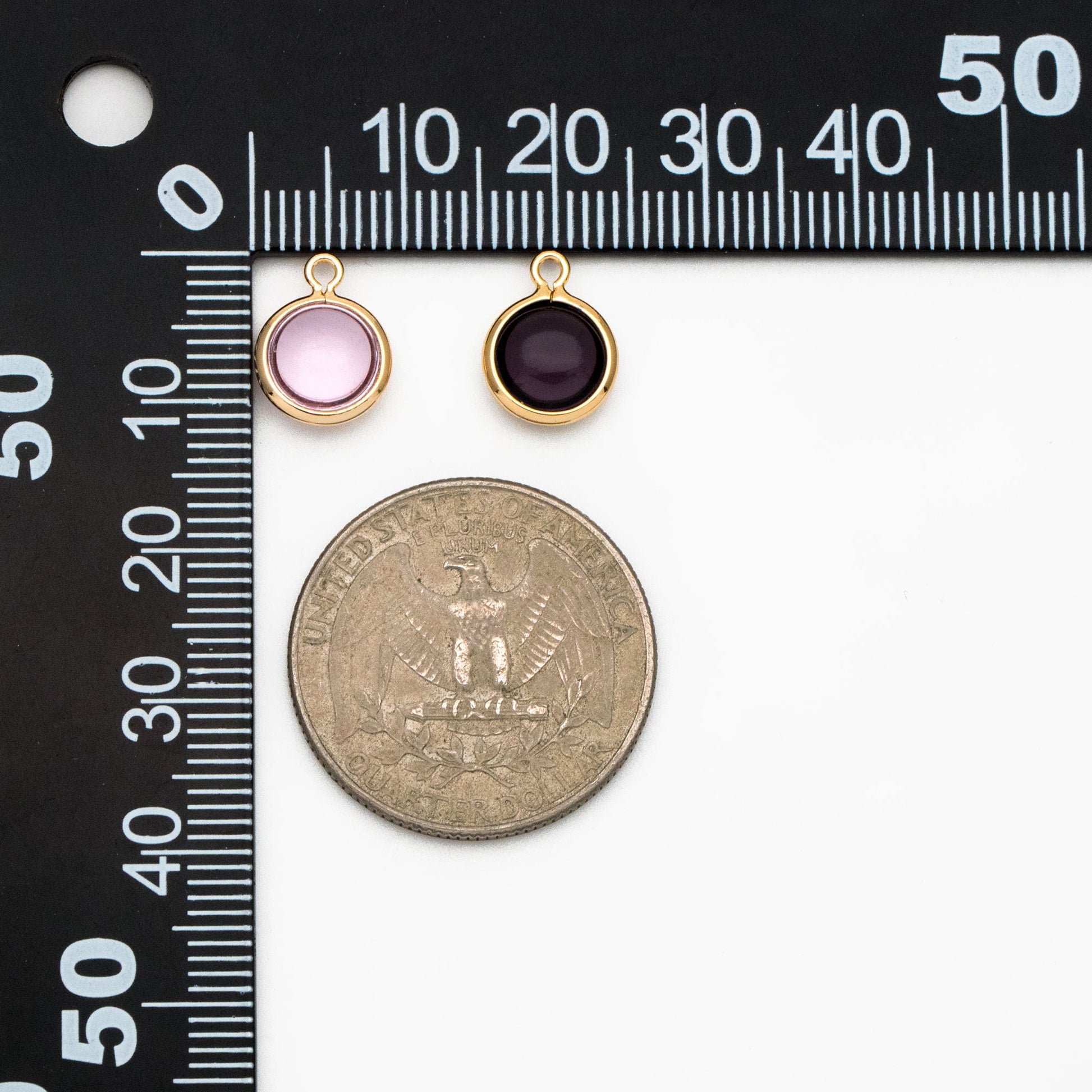 10pcs Gold Framed Crystal Coin Charms 9mm, Gold plated Brass Mini Charms, Purple Brown Pink (GB-130)