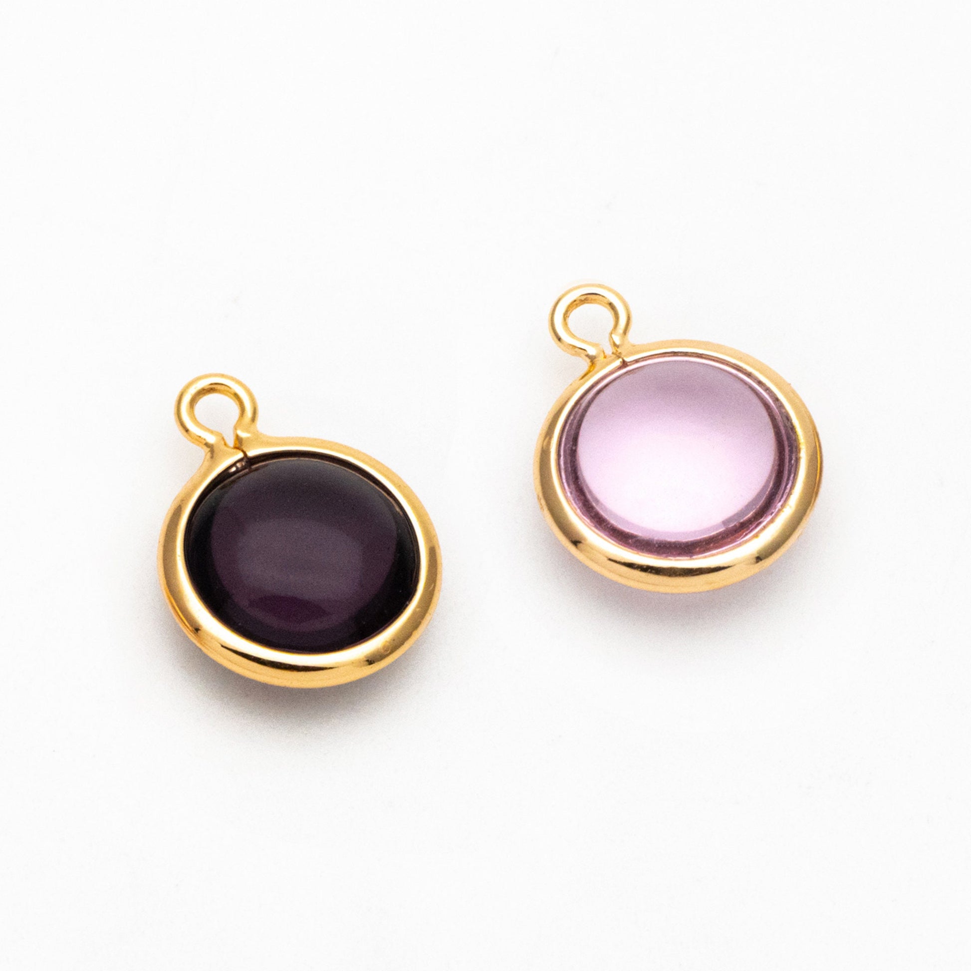10pcs Gold Framed Crystal Coin Charms 9mm, Gold plated Brass Mini Charms, Purple Brown Pink (GB-130)