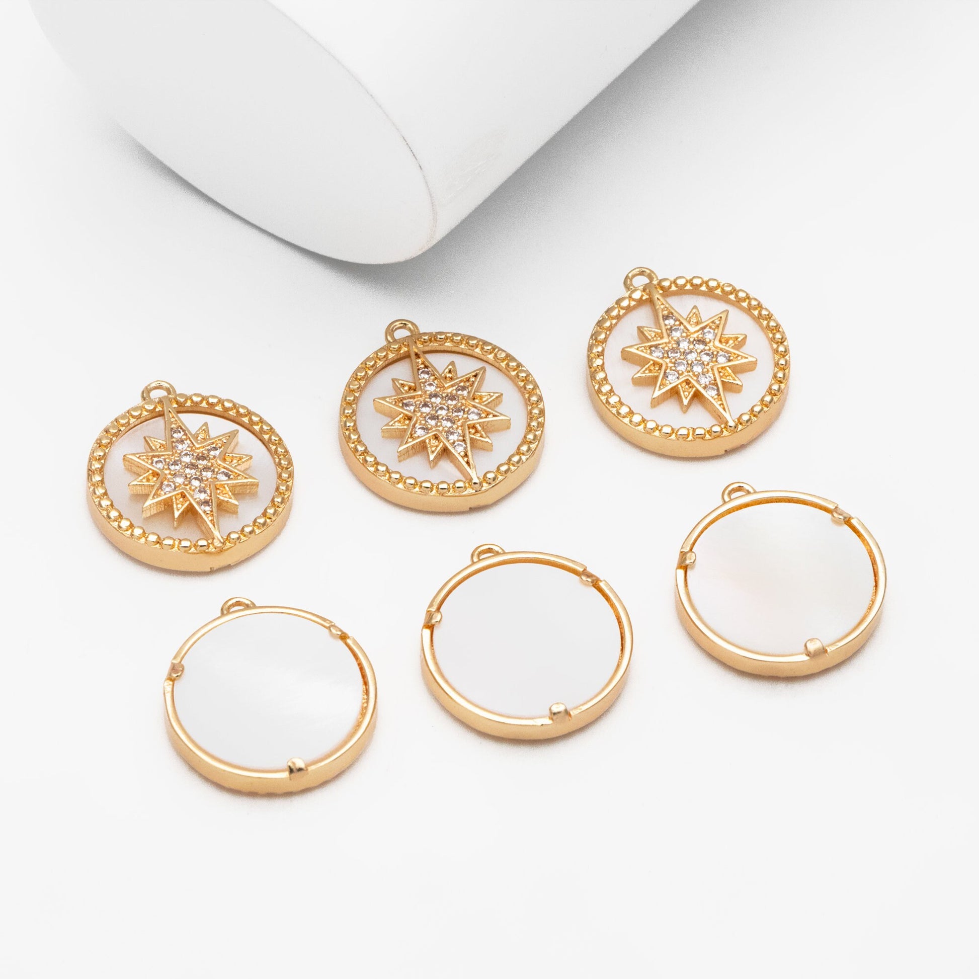 4pcs Shell Pave Gold North Star Charm, 18K Gold plated Brass, CZ Star Pendants (GB-1048-J)